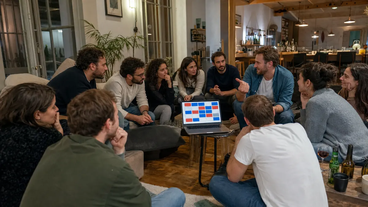 Grand groupe d’amis discutant des indices d’un jeu en équipe