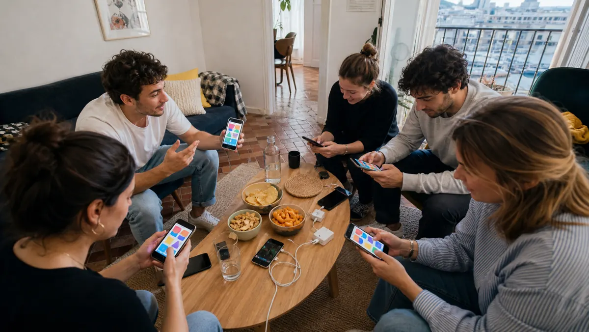 Cinq amis jouent sur leurs téléphones dans le même salon