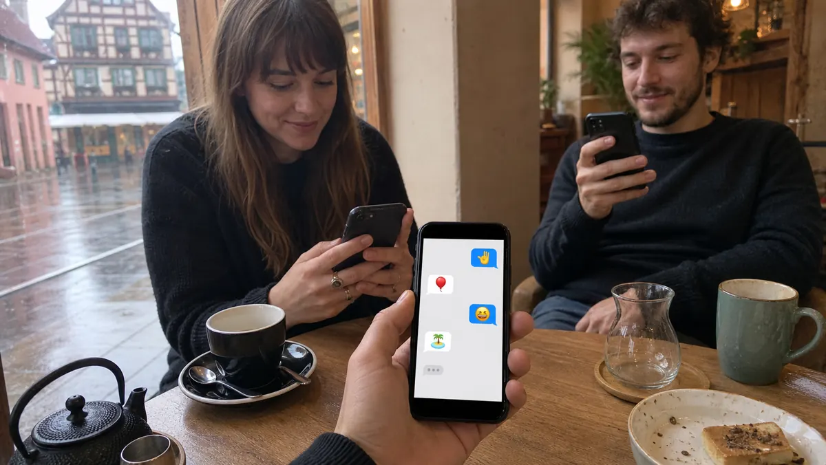 Amis jouant à un jeu d’émojis sur téléphone dans un café