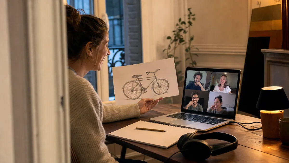 Une joueuse montre un dessin de vélo pendant un appel vidéo