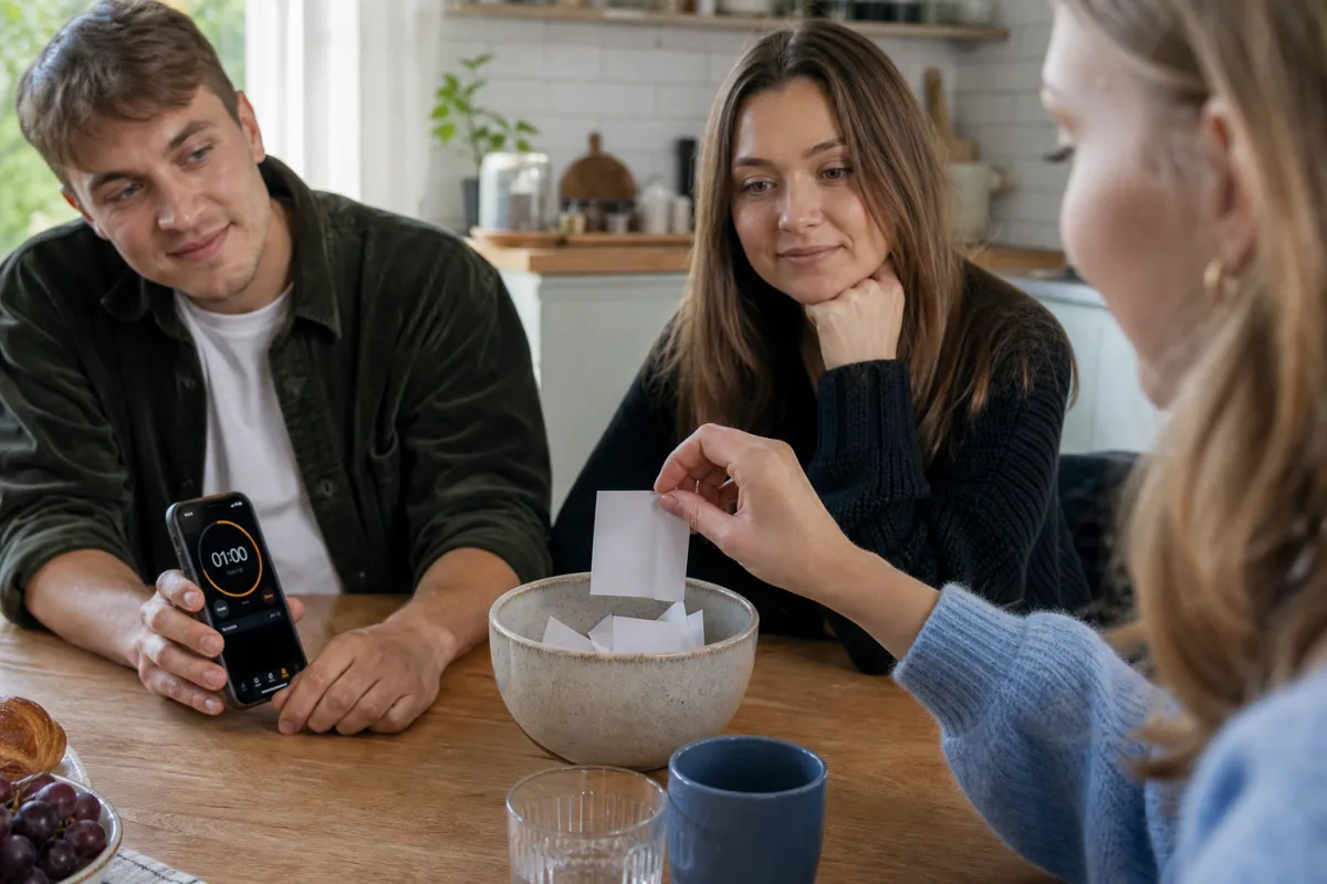 Vänner väljer en vikt ordlapp vid ett spelbord