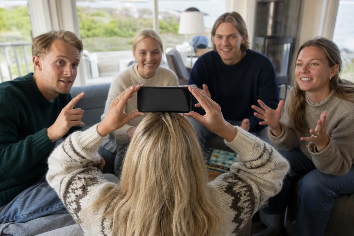 Vänner spelar en charadrunda med en telefon