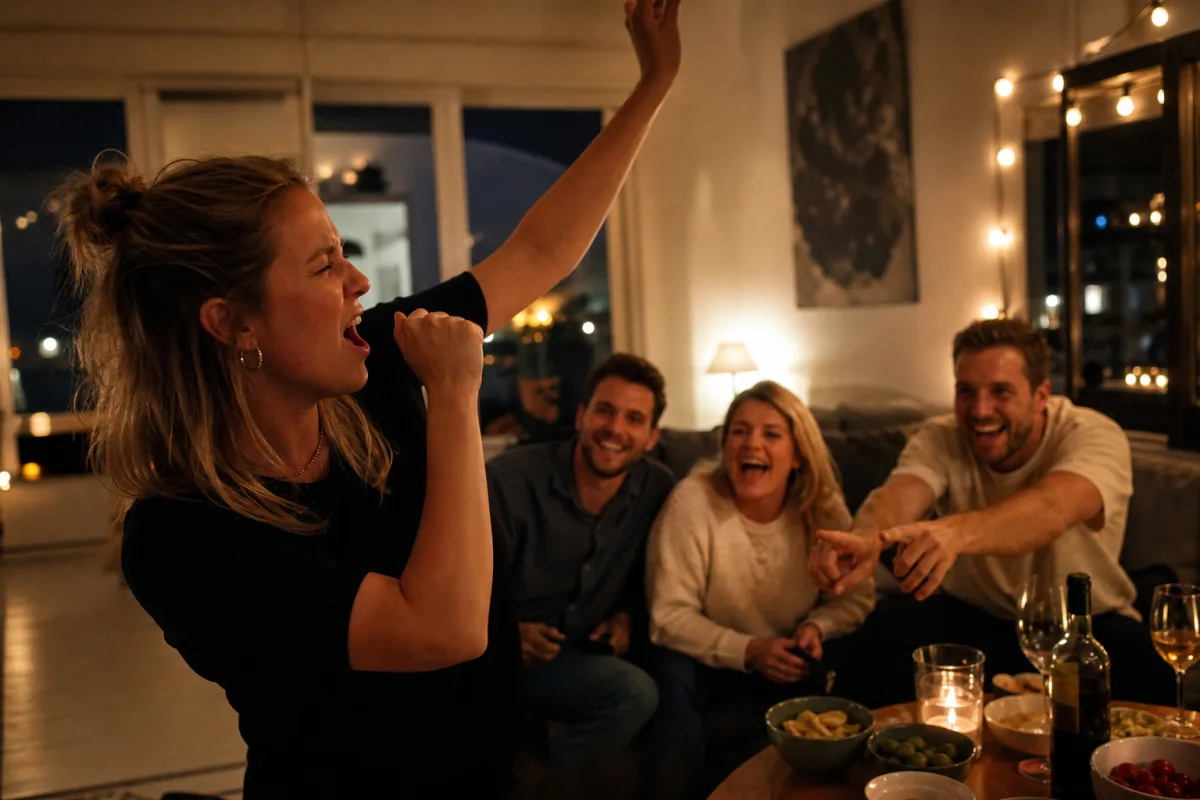 Vänner skrattar under en vuxenrunda med charader