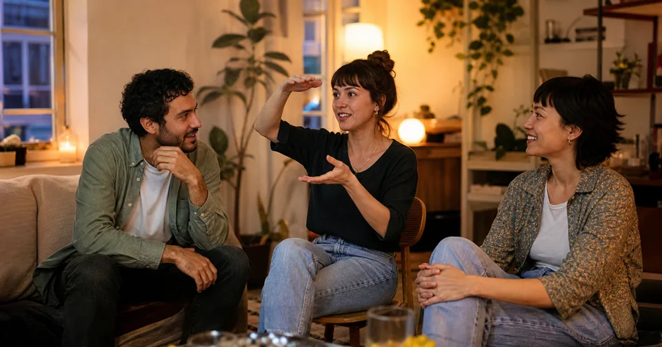 Drei Freunde sprechen in einer Berliner Wohnung mit Gesten