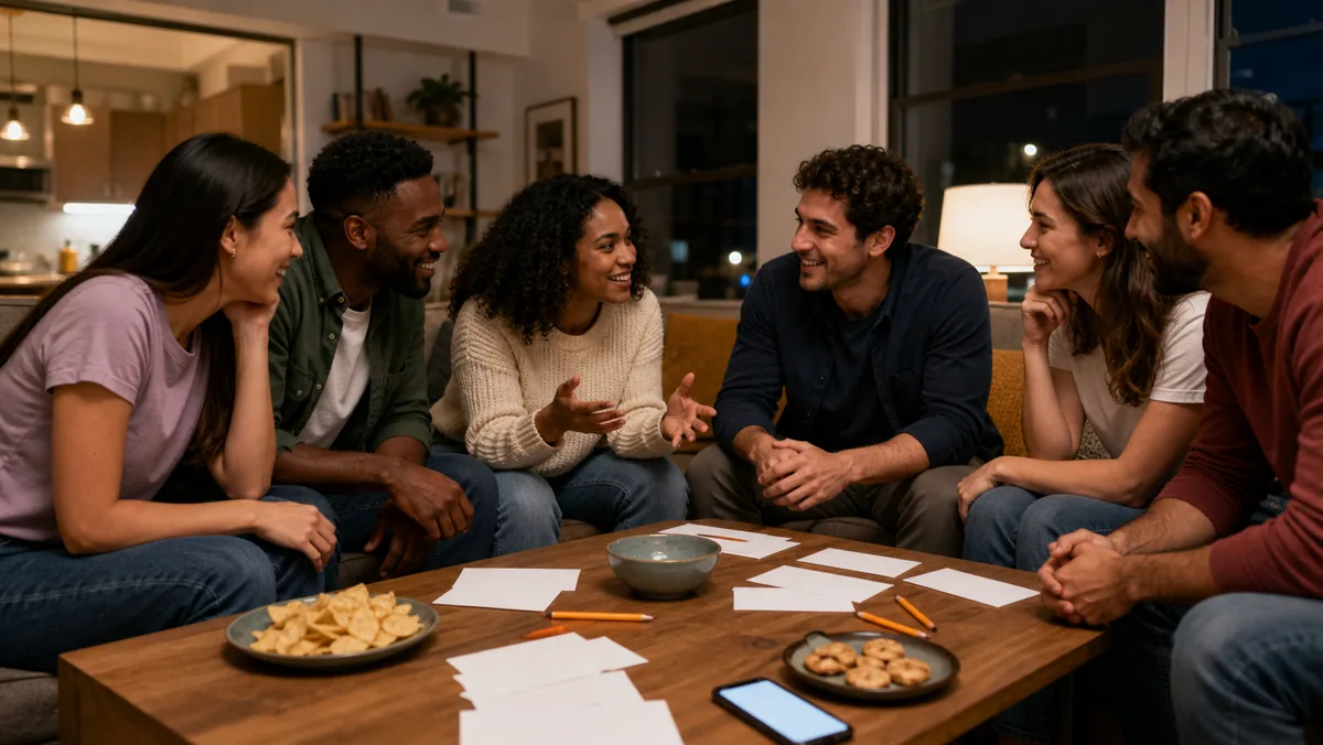 Friends gathered around a table for a party game