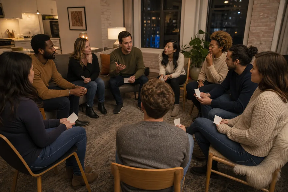 Large group discussing hidden roles in a circle