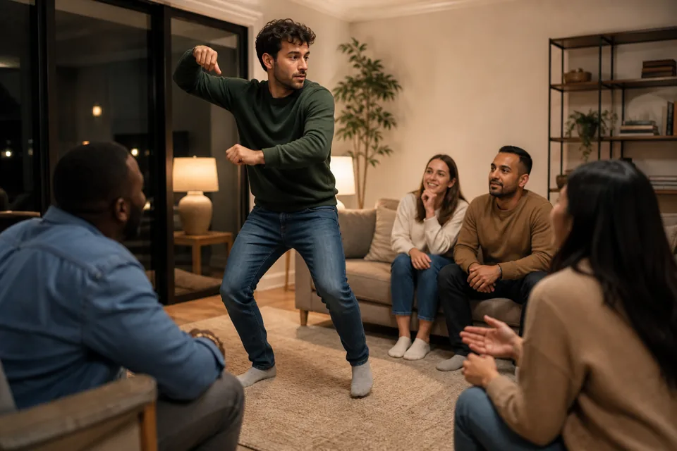 A player acting out a charades clue for friends