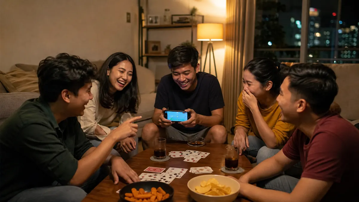 Teman-teman bermain game pesta dengan satu ponsel