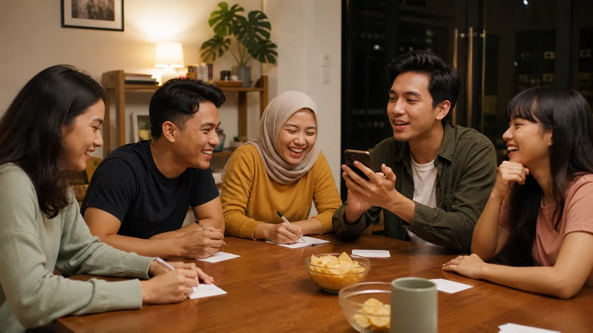 Kelompok teman Indonesia bermain kuis di meja