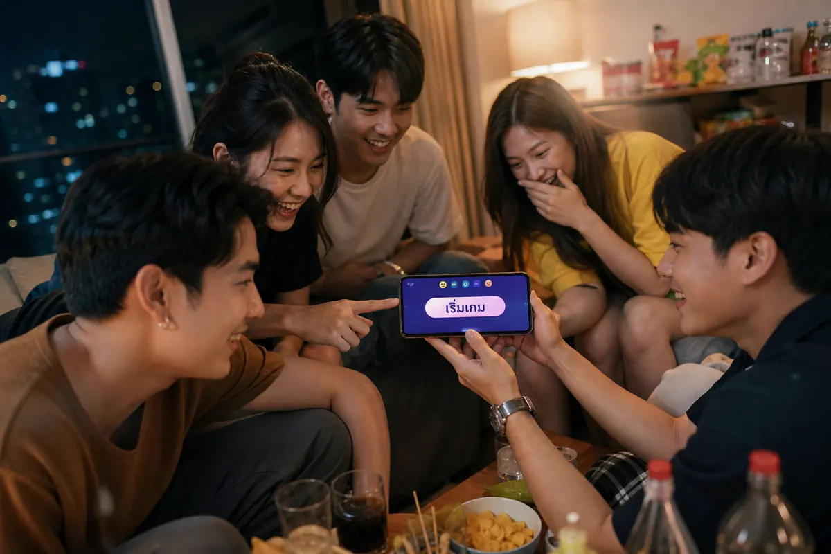 กลุ่มเพื่อนไทยหัวเราะรอบโทรศัพท์เครื่องเดียว