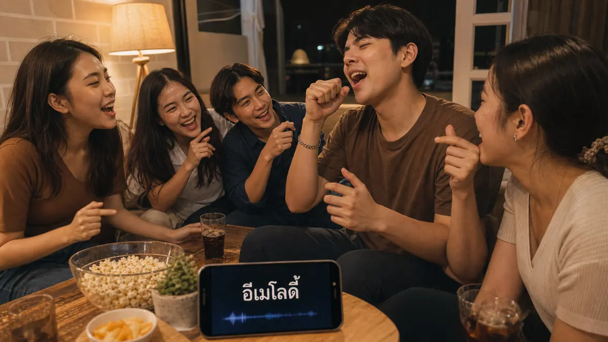 เพื่อนไทยร้องเพลงข้างมือถือที่แสดงคำว่า ทายเพลง