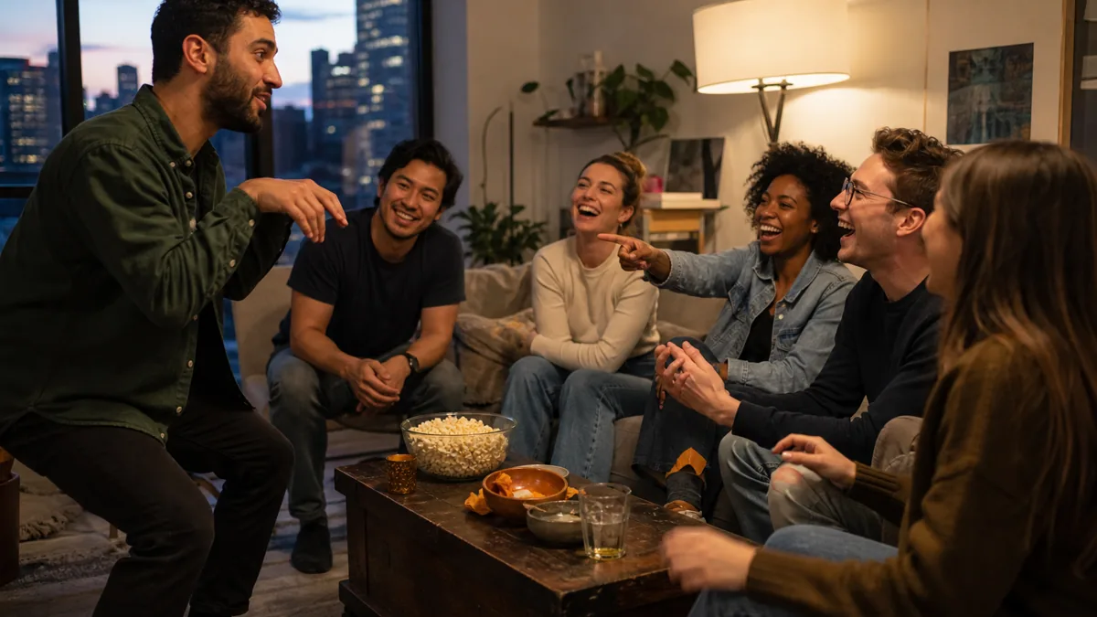Friends playing charades without cards in an apartment