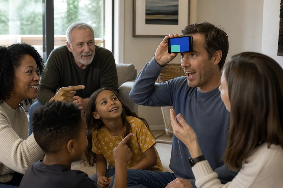 Multigenerational group using one phone for a clue game