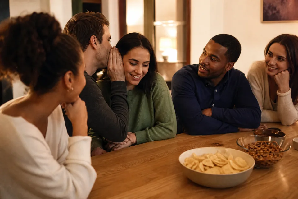 A friend whispering a Telephone phrase at a house party