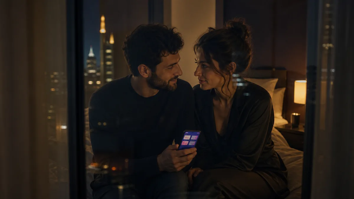 Erwachsenes Paar stellt sich intime Fragen auf einem Handy