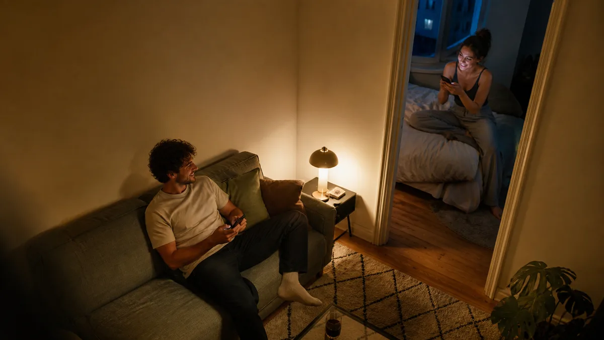 Erwachsenes Paar spielt Wahrheit oder Pflicht über zwei Handys in einer Wohnung