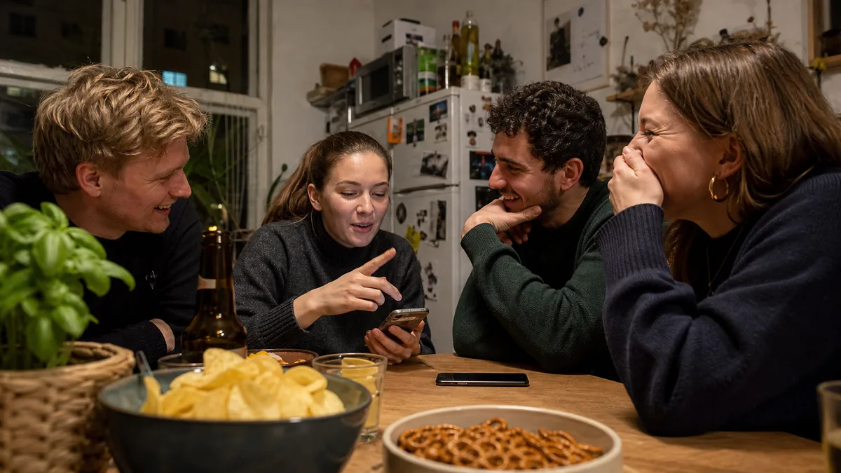 Vier Erwachsene wählen am Küchentisch eine Aufgabe auf dem Handy