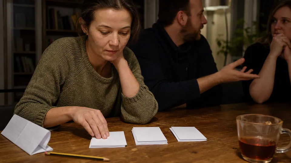 Host sorting blank word cards into difficulty piles