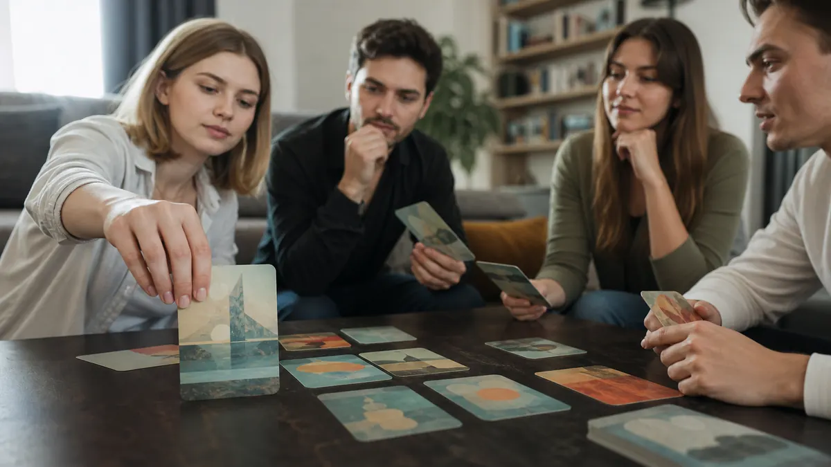 Friends choosing illustrated category cards around a coffee table