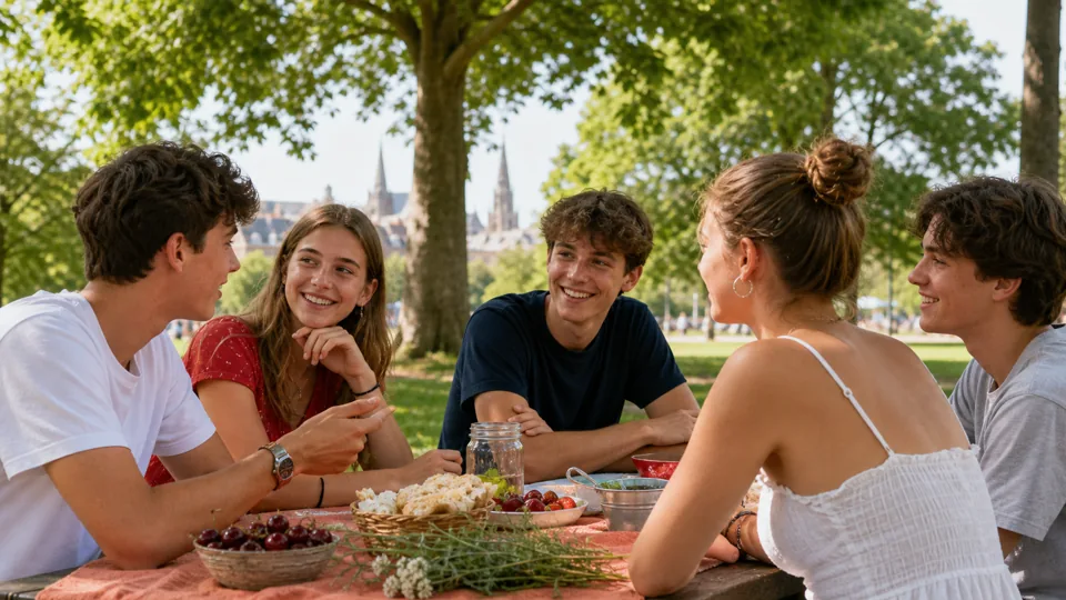 Adolescents français discutant d’un dilemme en plein air