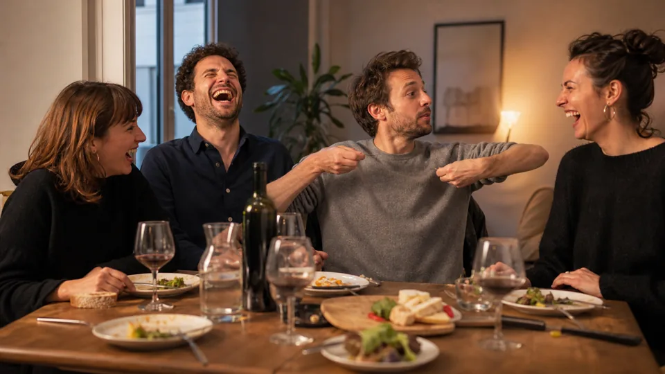 Groupe d’amis riant après un dilemme absurde