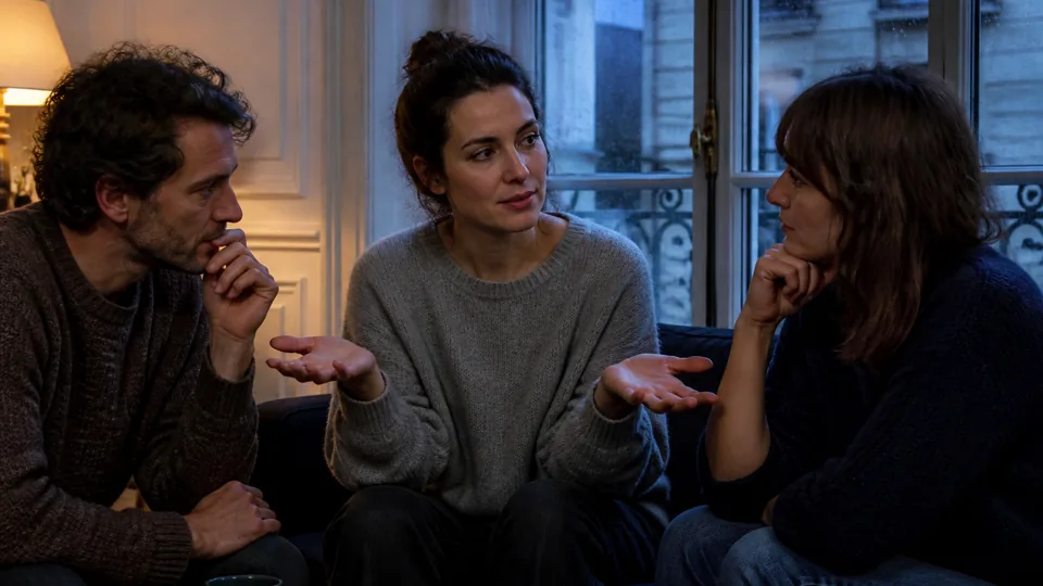 Amis réfléchissant à un choix difficile dans un salon