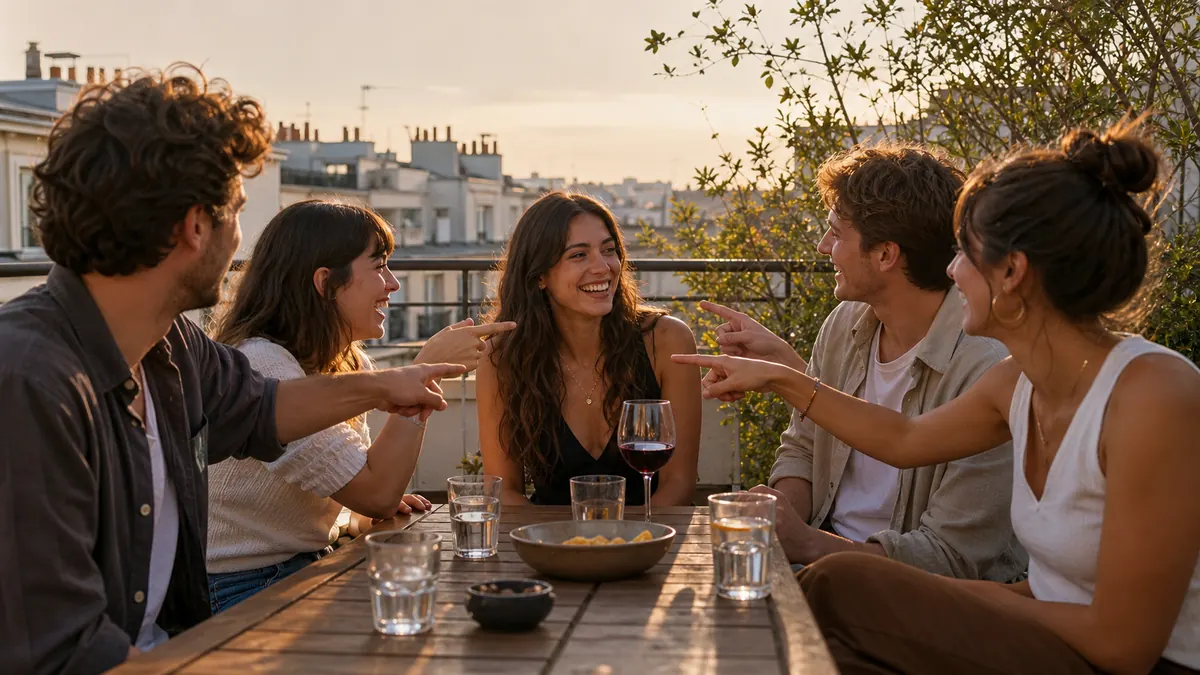 Bande d’amis se désignant autour d’une table