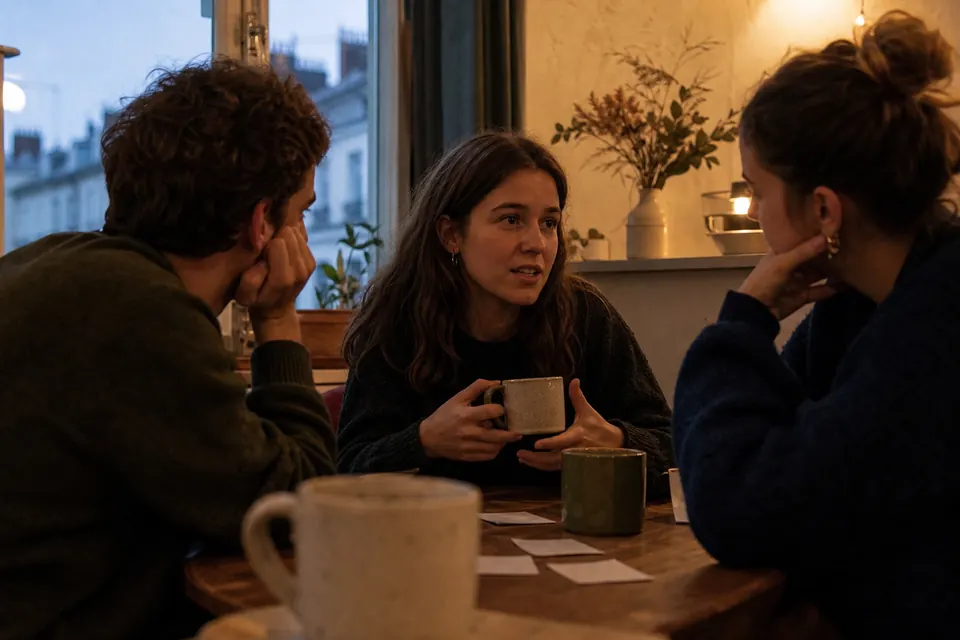 Amis échangeant des confidences autour d’une table