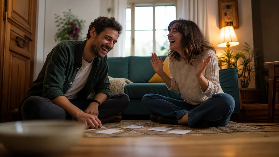 Un couple rit en jouant à Tu préfères