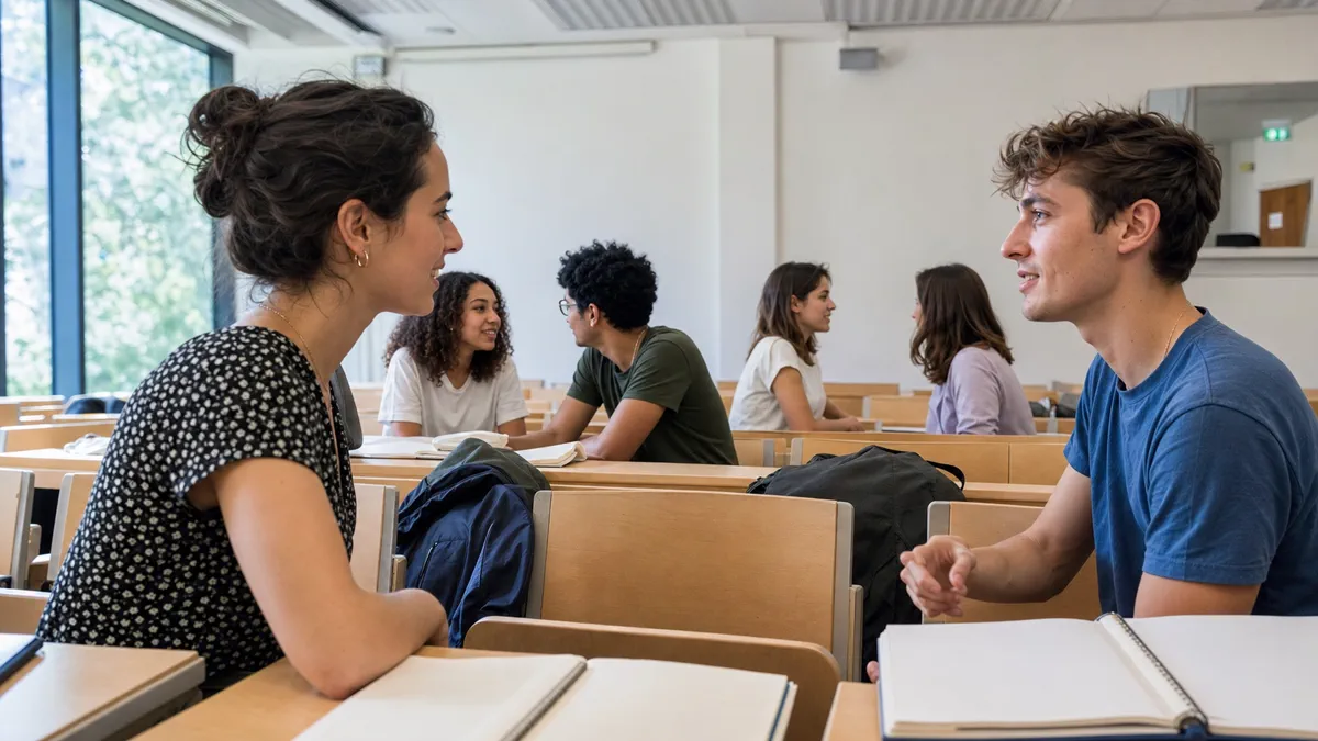 Étudiants français échangeant au début d’un cours
