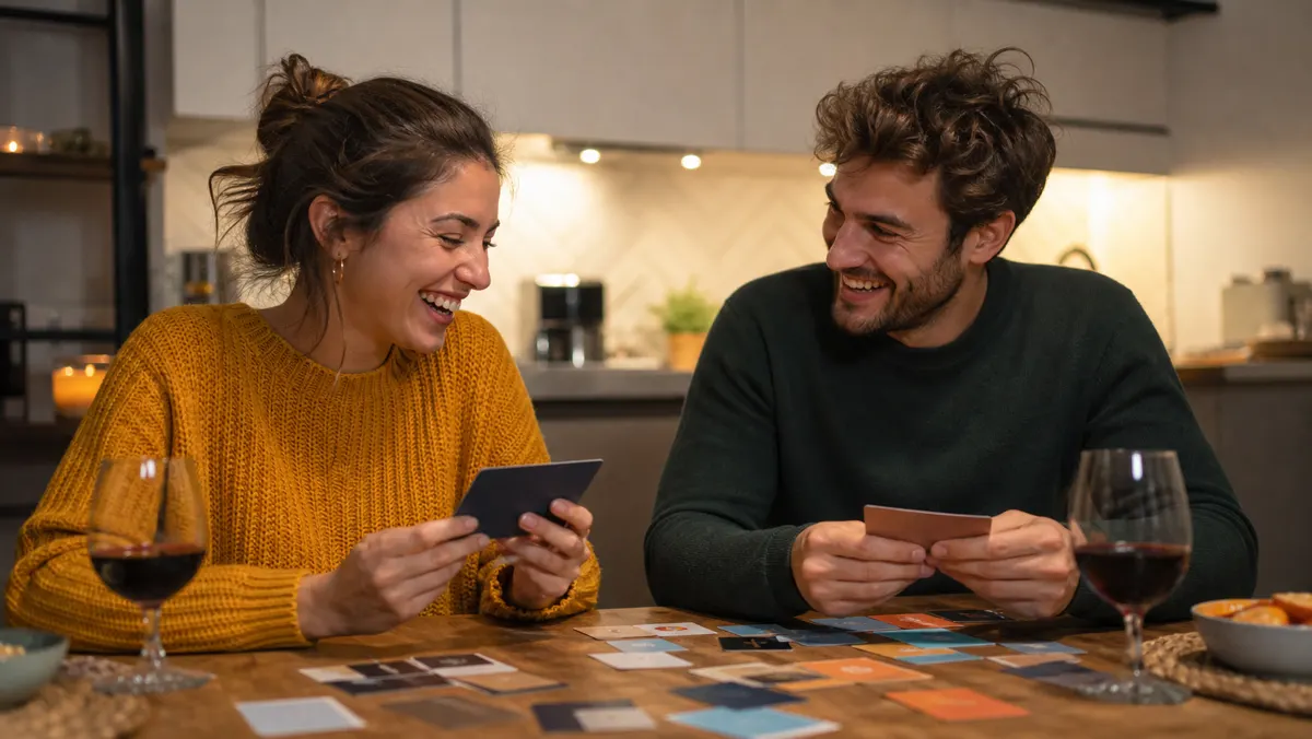 Couple français riant autour de cartes de questions