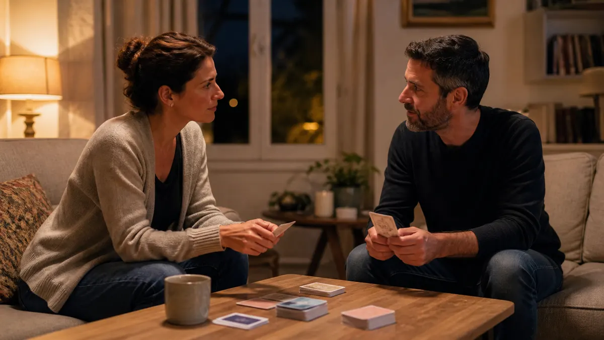 Couple discutant dans un salon chaleureux