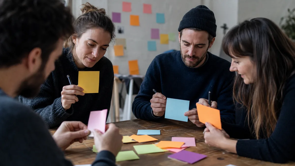 Amis écrivant des réponses absurdes sur des cartes colorées