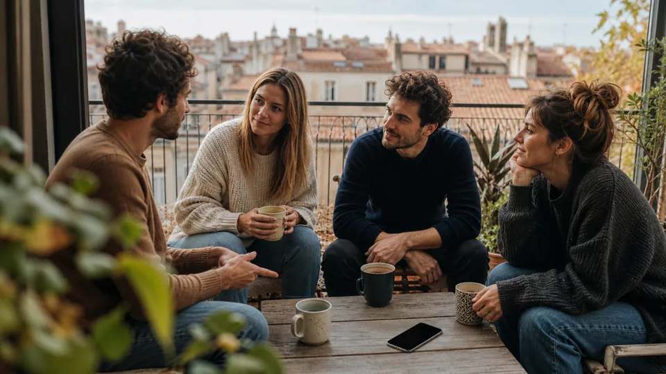 Quatre amis discutent calmement après un vote de groupe