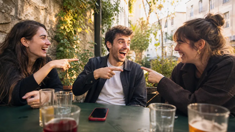 Trois amis éclatent de rire en se désignant autour d’une table