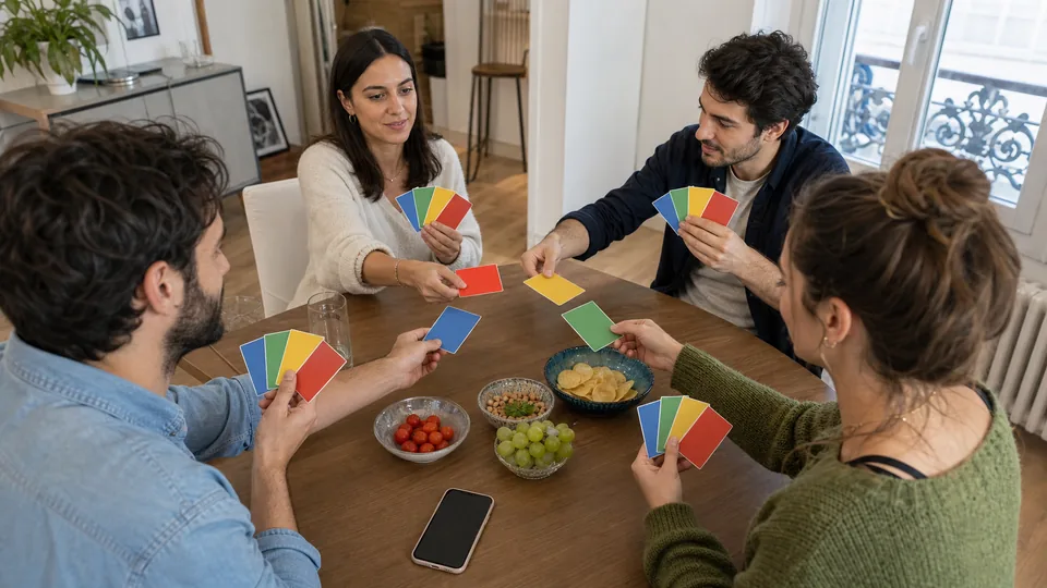Quatre amis montrent leurs votes avec des cartes de couleur