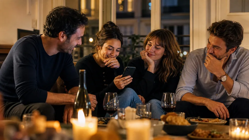 Amis adultes réagissent à une question intime lors d’un apéritif