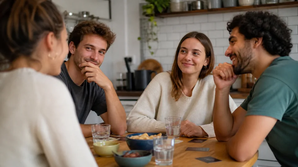 Amis souriant pendant les premières questions du jeu