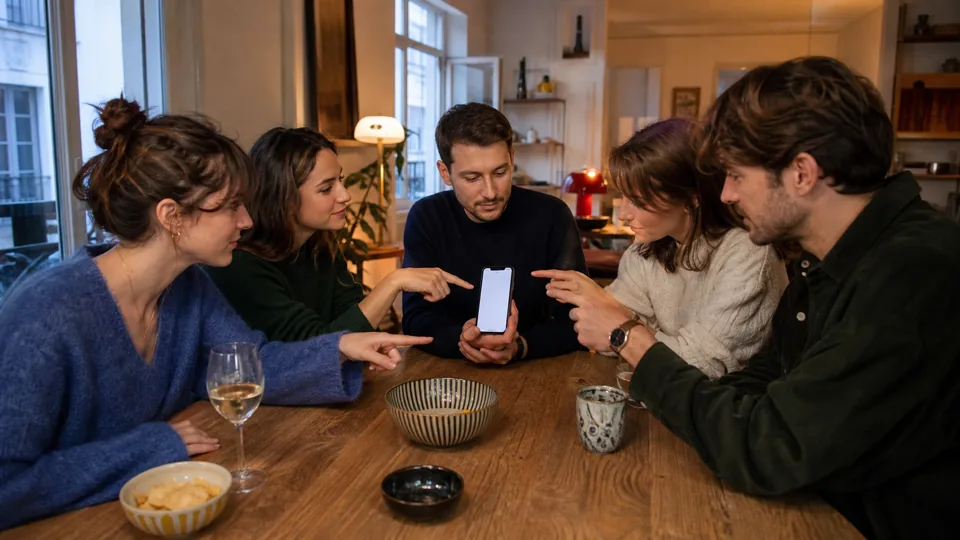 Groupe d’amis votant en même temps autour d’une table