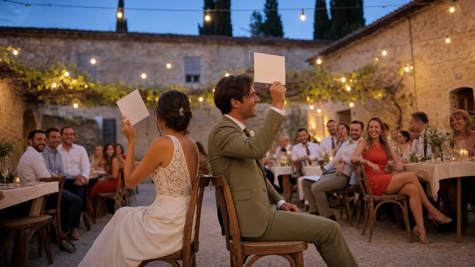 Mariés répondant dos à dos avec des pancartes