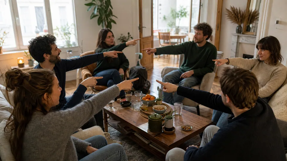 Amis se désignant pendant un quiz de groupe