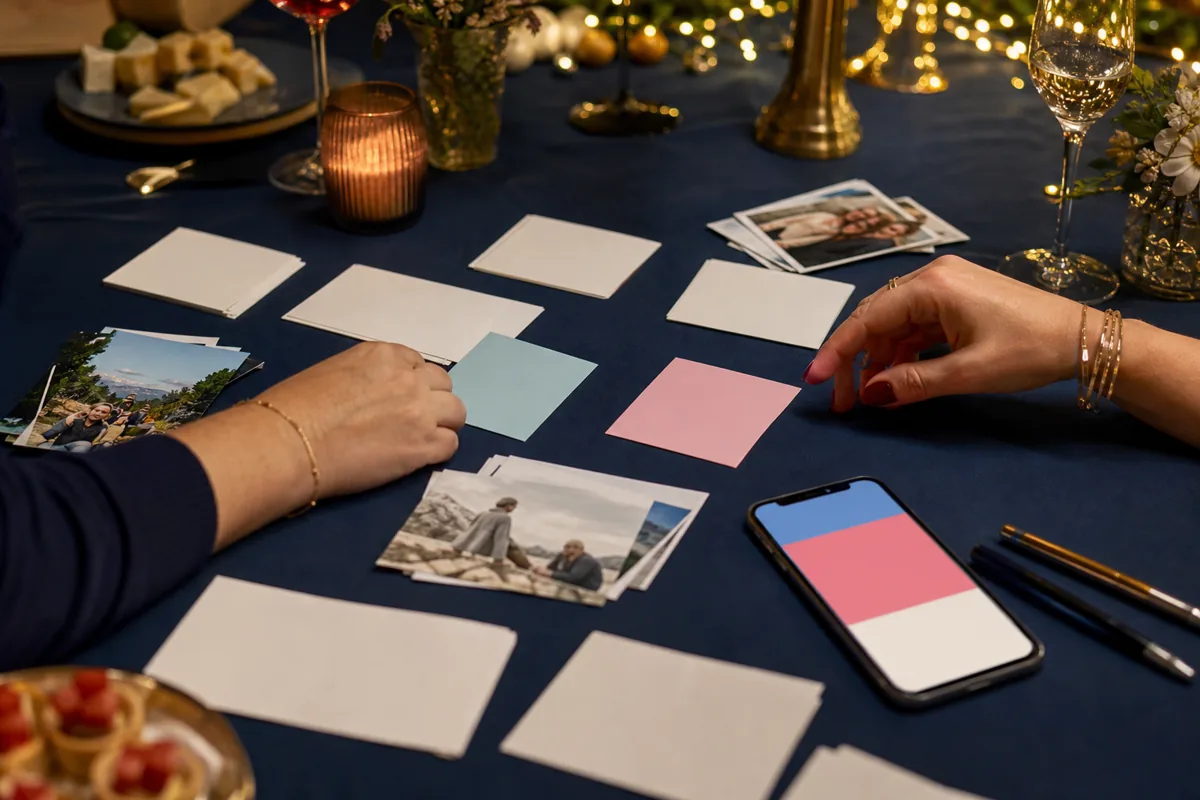 Feuilles de quiz, photos et téléphone sur une table de fête