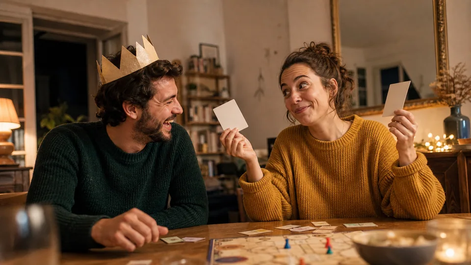 Couple riant pendant une manche de questions drôles