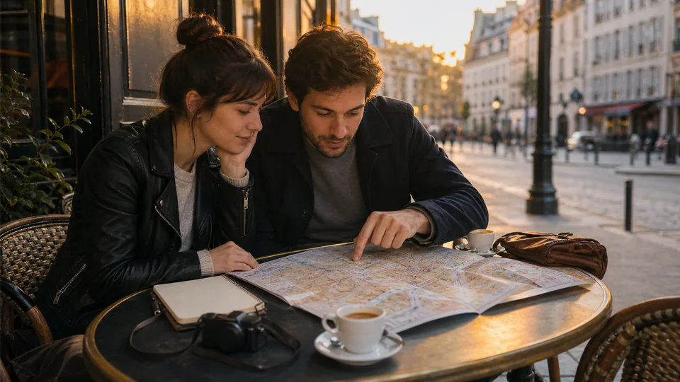 Couple préparant un projet de voyage sur une carte