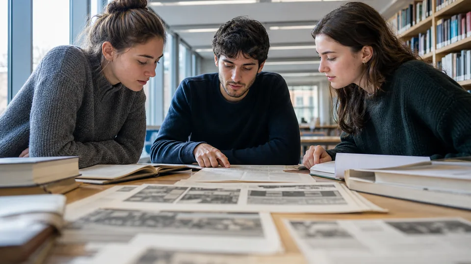 Étudiants consultant un questionnaire imprimé dans une bibliothèque