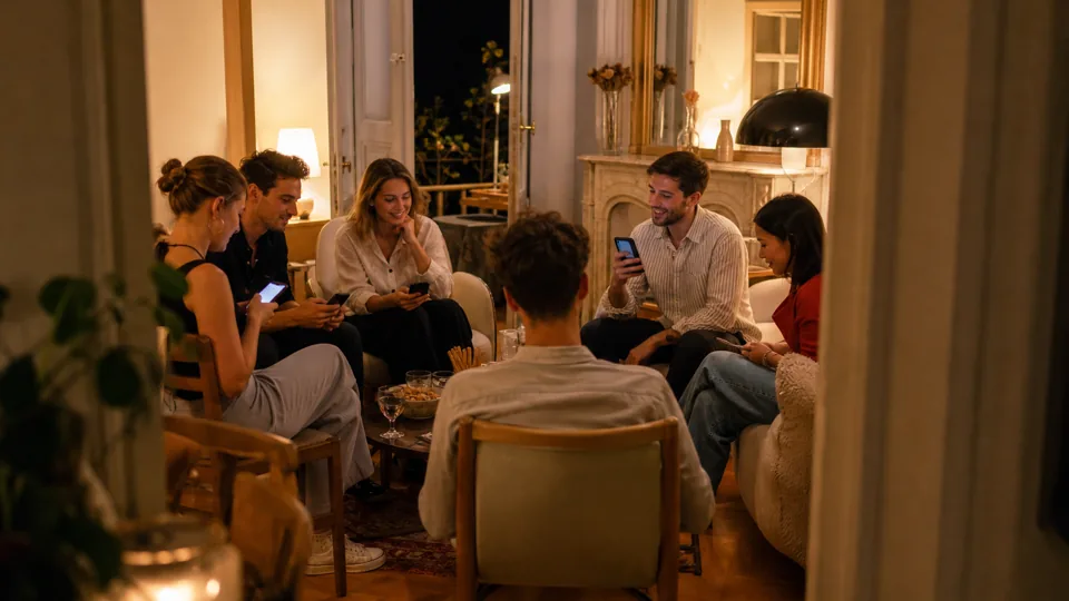Amis jouant à un quiz pendant une soirée en appartement