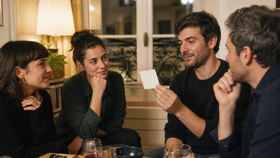 Amis réfléchissant devant des cartes de questions de quiz