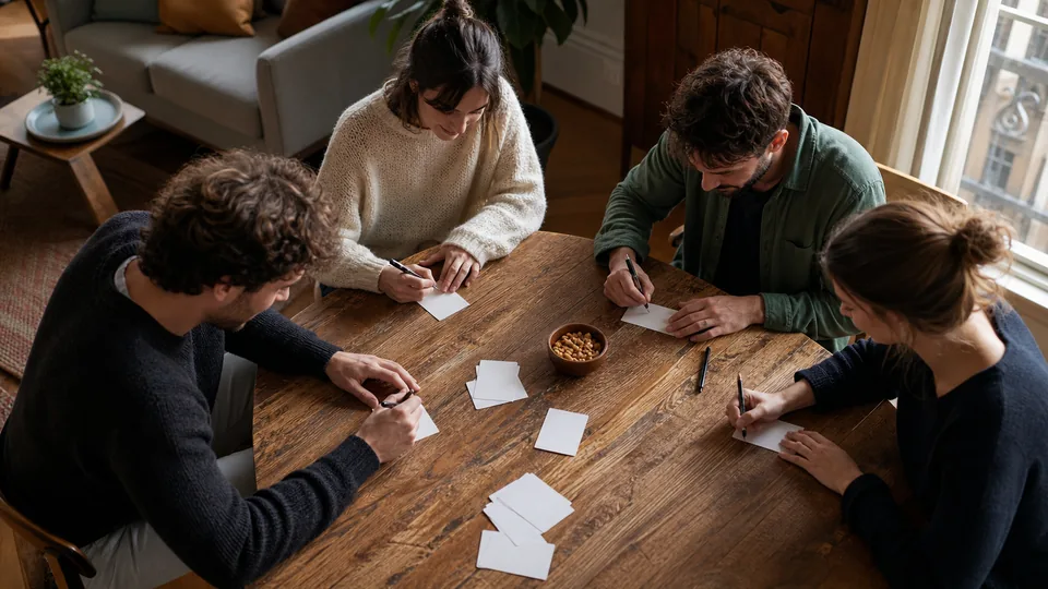 Amis écrivant leurs réponses à un quiz