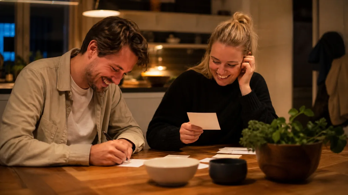 Et norsk par som spiller quiz ved kjøkkenbordet
