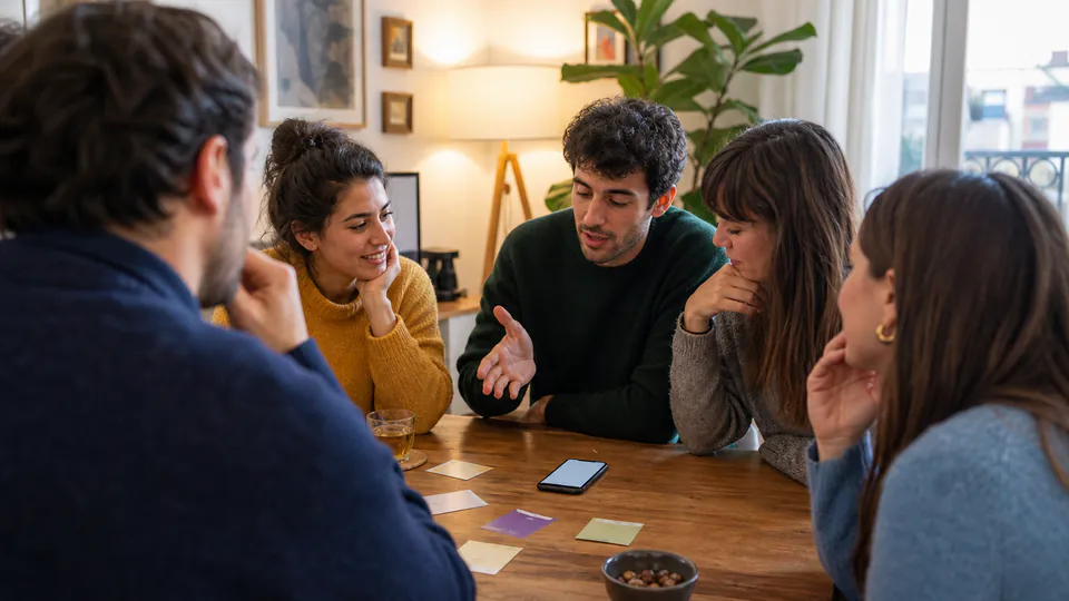 Groupe d’amis débattant d’une réponse amusante